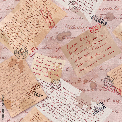 Vintage old paper with hand written letters and postal stamps. Repeating wallpaper for interior design