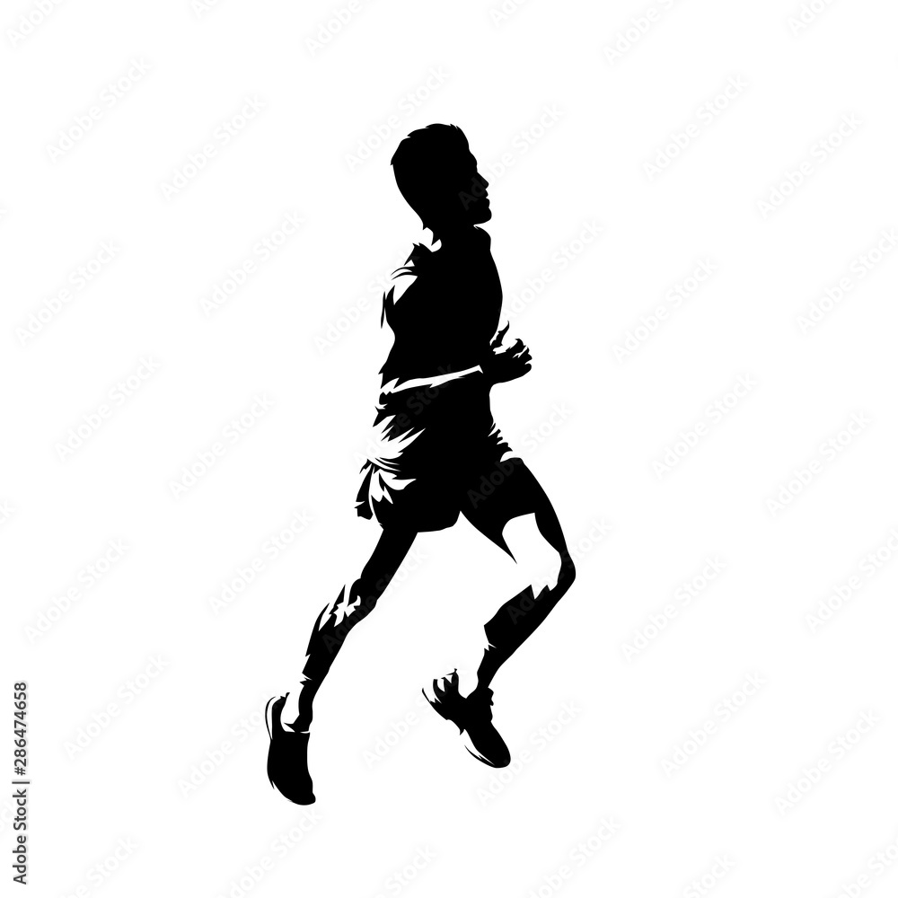 Running teenager, active people vector silhouette. Comic ink drawing runner