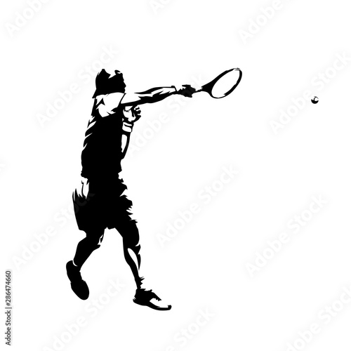 Tennis player forehand shot, isolated vector silhouette. Comic ink drawing