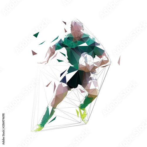 Rugby player running with ball in hands, front view. Isolated low polygonal vector illustration
