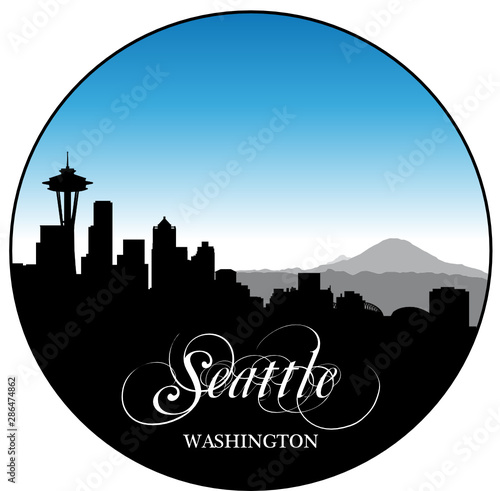 Seattle Washington skyline with various sights in blue and black