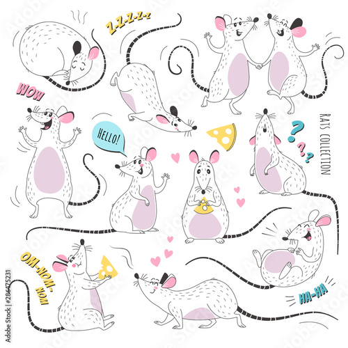 Doodle rats collection. Vector illustration of funny cartoon rats in various poses and actions. Isolated on white.