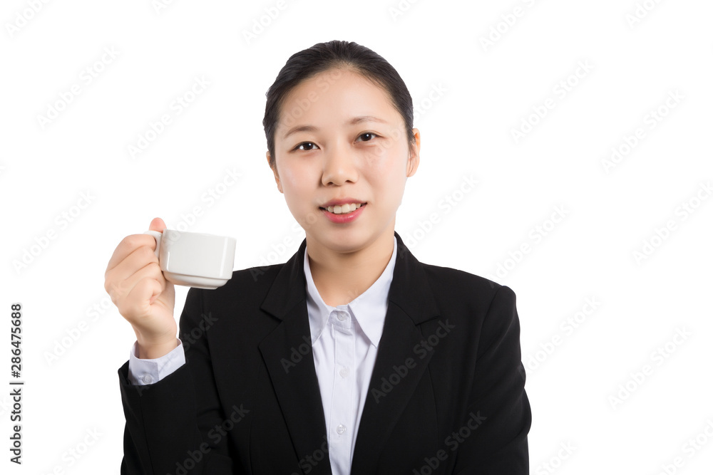 Business woman portrait with cup , isolated. Female model with long hair. Business woman portrait with cup , isolated. Female model with long hair.