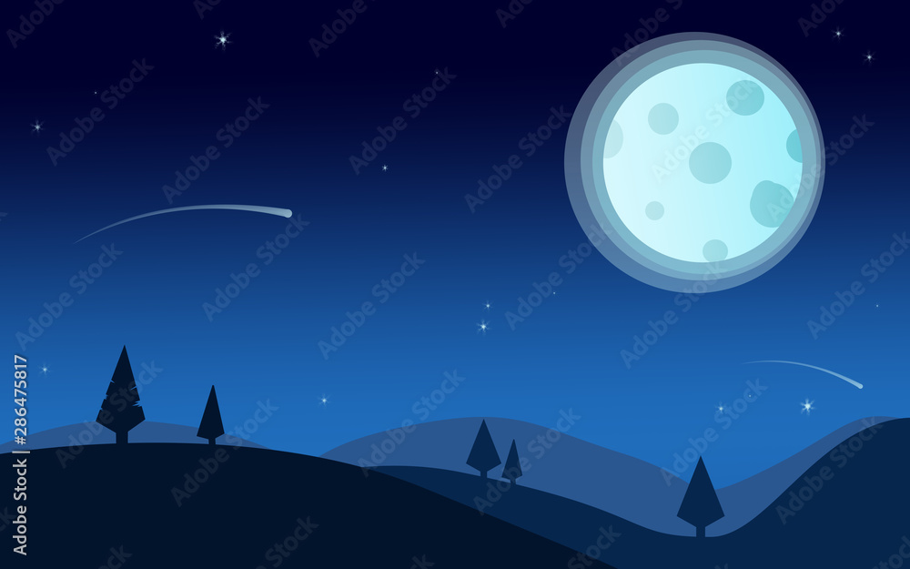 Naklejka premium Night time nature landscape with full moon