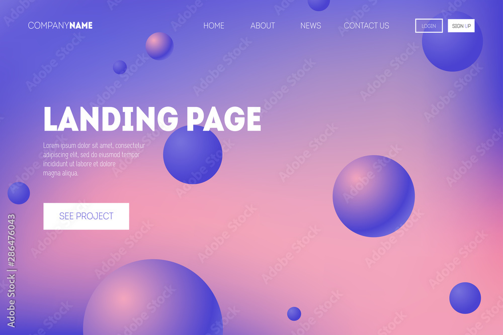 Abstract geometric background with 3d spheres. Dynamic shapes composition on liquid color backdrop for landing page, poster, cover, header Abstract geometric background with 3d spheres. Dynamic shapes composition on liquid color backdrop for landing page, poster, cover, header