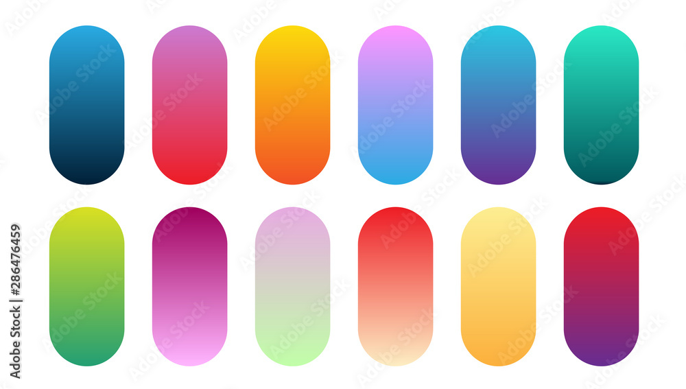 Beautiful gradient collection. Multicolor green purple yellow orange pink cyan circle gradients, colorful soft round buttons vector set 