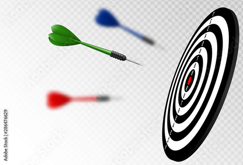 Vector green dart arrows flying to target dartboard. Metaphor to target success, winner concept. Isolated on white transparent background.