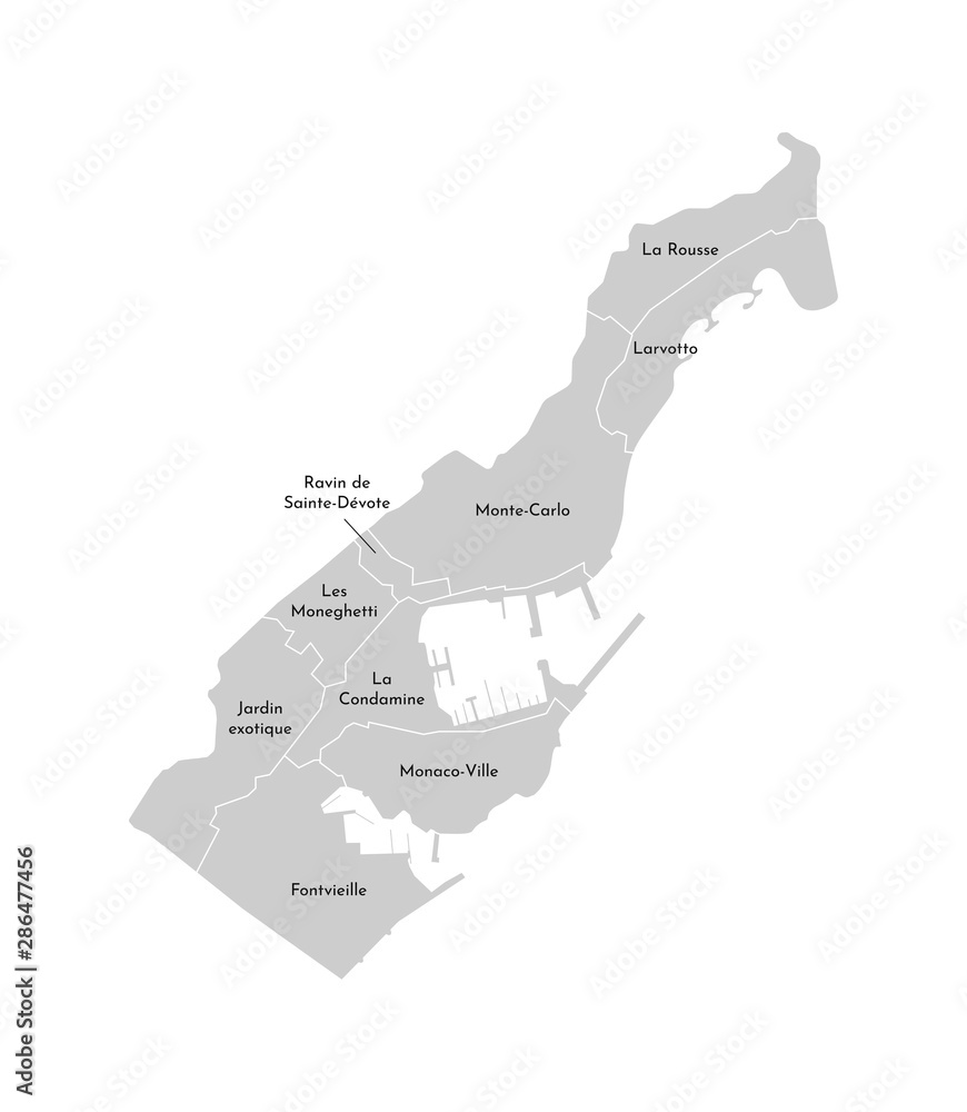 Vector isolated illustration of simplified administrative map of Monaco. Borders and names of the regions. Grey silhouettes. White outline