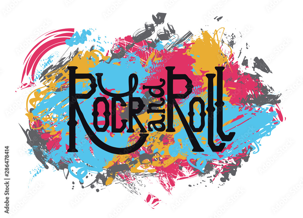 Fototapeta premium Rock and roll. Vintage hand drawn lettering on grunge abstract background. Retro vector illustration. Design, retro card, print, t-shirt, postcard
