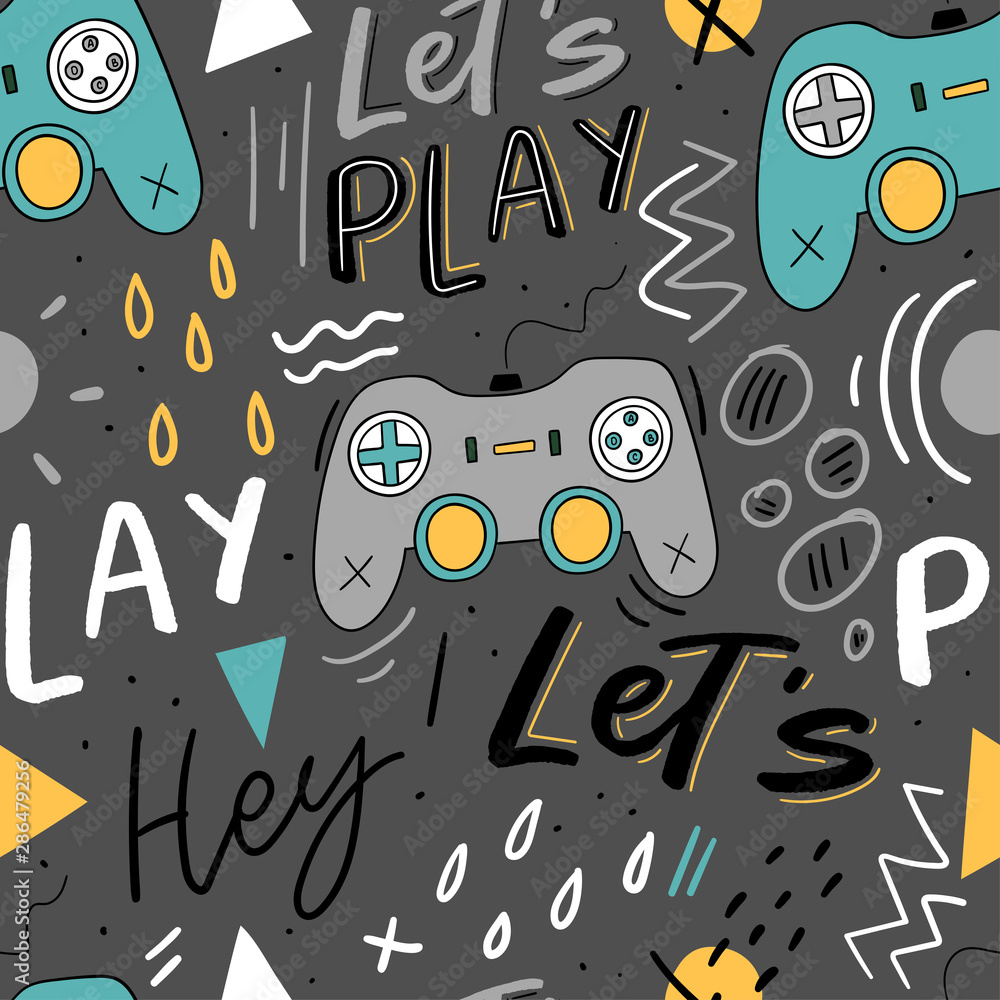 Let's play kids seamless pattern with joystick for textile, Modern illustration with hand lettering background. Stock Vector | Adobe Stock