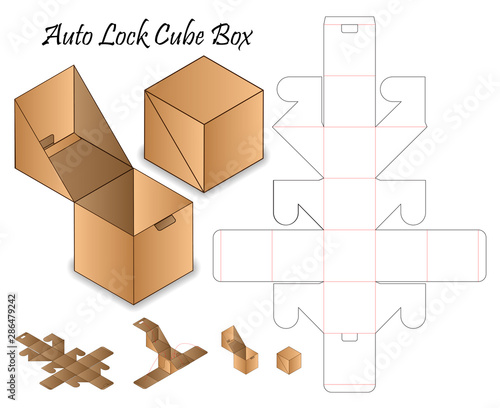 Auto Lock Box packaging die cut template design. 3d mock-up