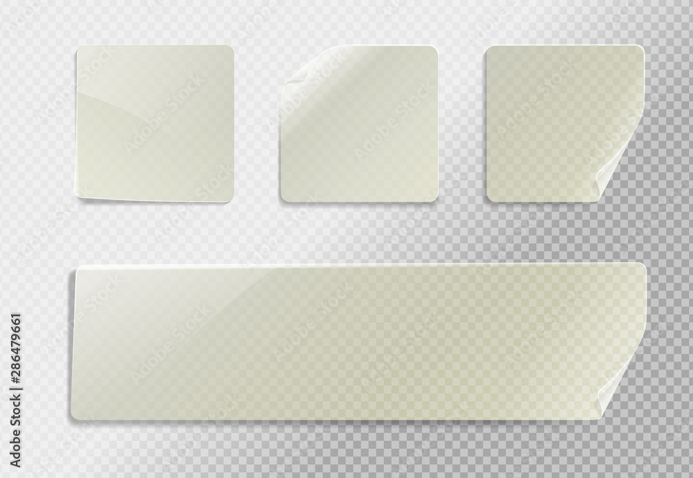 Vector blank transparent plastic square adhesive sticker mock up with curved corner. Empty quadratic sticky label banner mockup with fold. Clear adherent tag template for glass surface. Vector blank transparent plastic square adhesive sticker mock up with curved corner. Empty quadratic sticky label banner mockup with fold. Clear adherent tag template for glass surface.