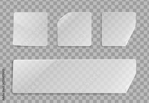 Vector blank transparent plastic square adhesive sticker mock up with curved corner. Empty quadratic sticky label banner mockup with fold. Clear adherent tag template for glass surface.