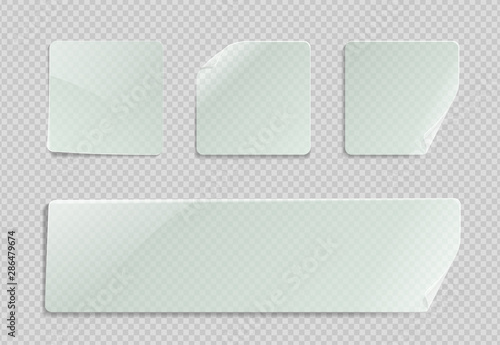 Vector blank transparent plastic square adhesive sticker mock up with curved corner. Empty quadratic sticky label banner mockup with fold. Clear adherent tag template for glass surface.