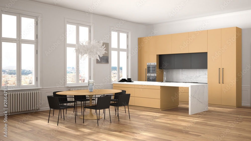 Fototapeta premium Minimalist orange and black kitchen in classic room with moldings, parquet floor, dining table with chairs, marble island and panoramic windows. Modern architecture interior design