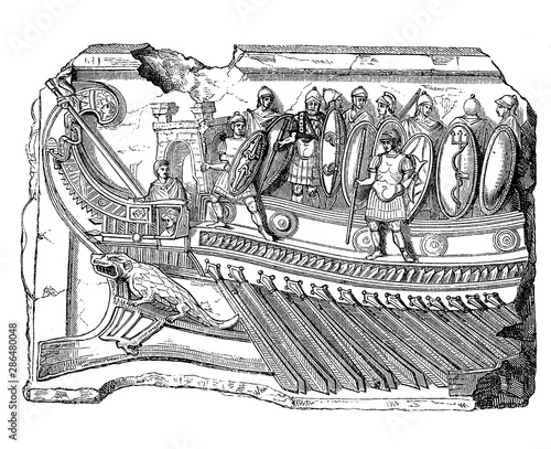 Rome antiquity: admiral ship fragment of Antonius at Actium battle, the ship was a light weight liburnian galley with one row of oars photo