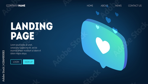Website or mobile app landing page with isometric illustration of heart bubble