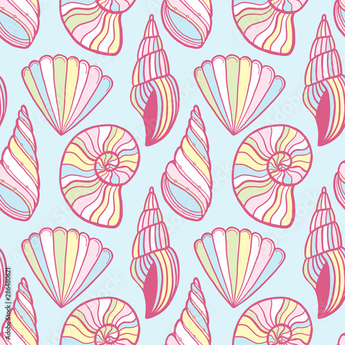 Shells vector pattern. Summer background in pastel colors. Seashells seamless pattern. Baby print for childish textile and wrapping design.