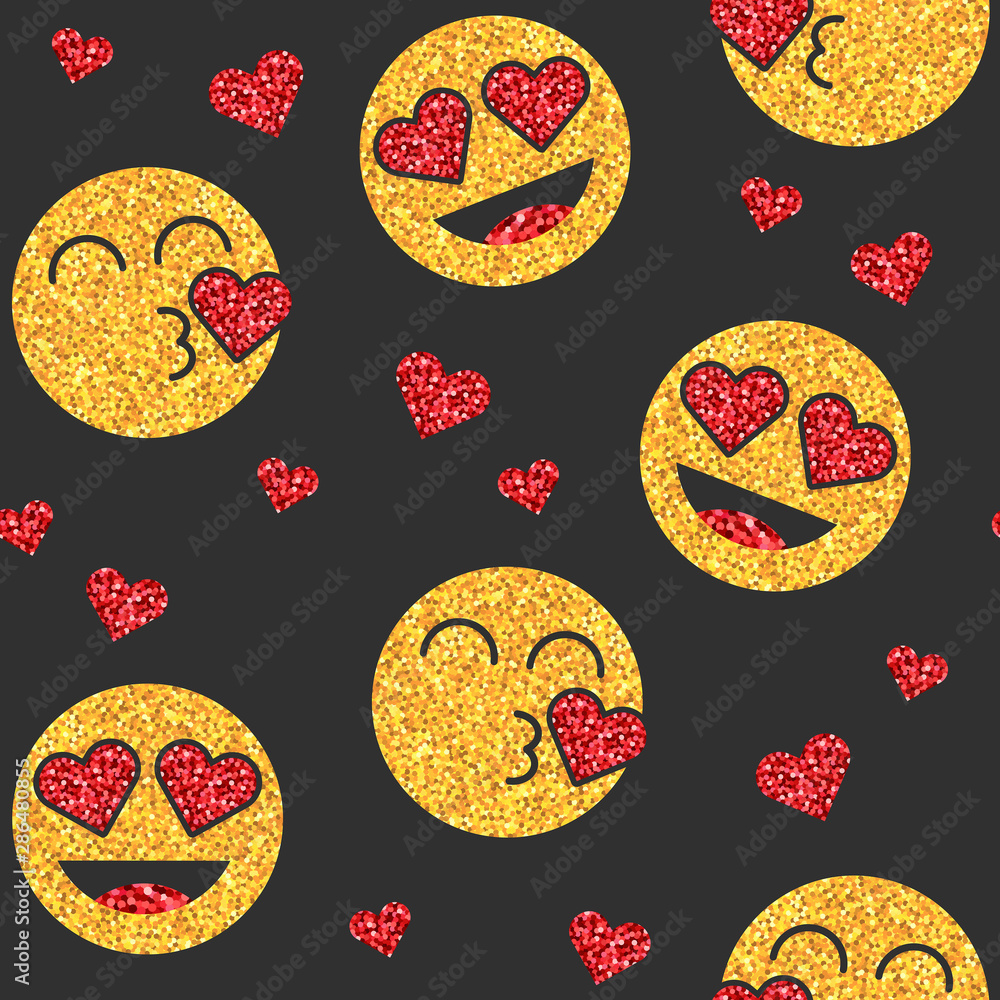 Seamless pattern with golden glitter emoji icon on black background