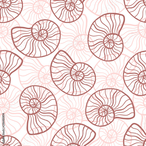 Shells seamless pattern. Marine background in beige colors. Seashells pattern design.