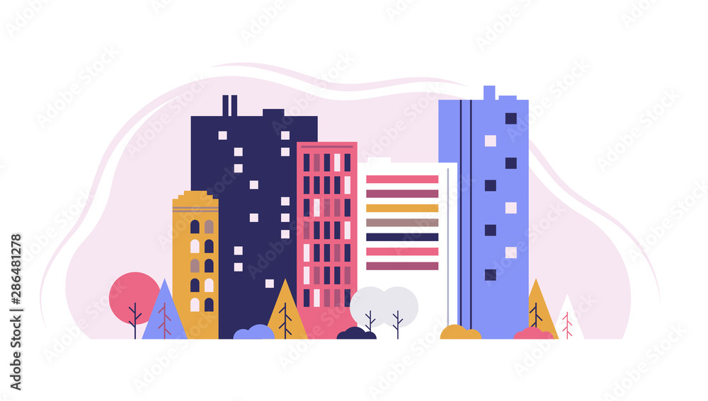 Obraz premium Urban landscape with large and little buildings and trees and bushes. Flat design style vector graphic illustration