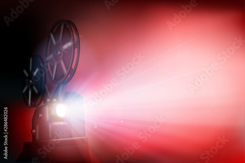Old film projector. Film show. Red backgroud stage. Vector illustration.