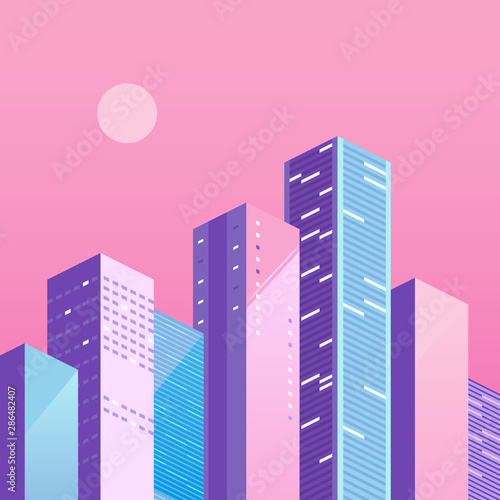 Cityscape template. Urban landscape with colored buildings. Flat vector illustration