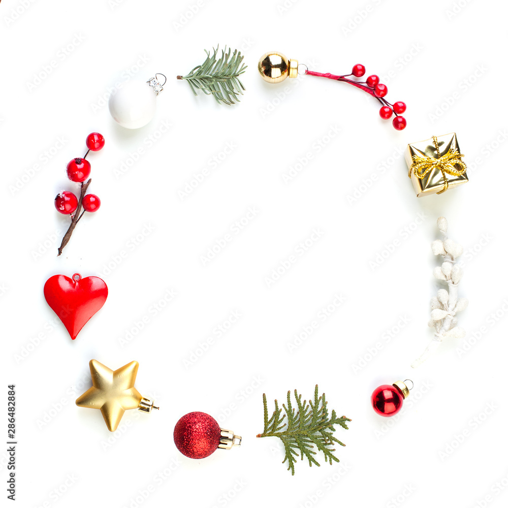Round Christmas ornament isolated on white background. Christmas wreath minimal invitations composition Round Christmas ornament isolated on white background. Christmas wreath minimal invitations composition