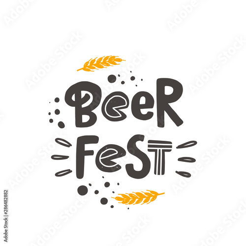 Beer fest stylized lettering with malts. Vector grunge style typography with ink drops. Isolated hand drawn phrase. Poster, banner, print, pub, bar menu design element