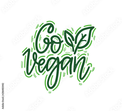Go vegan vector green hand-written lettering calligraphy eco label design