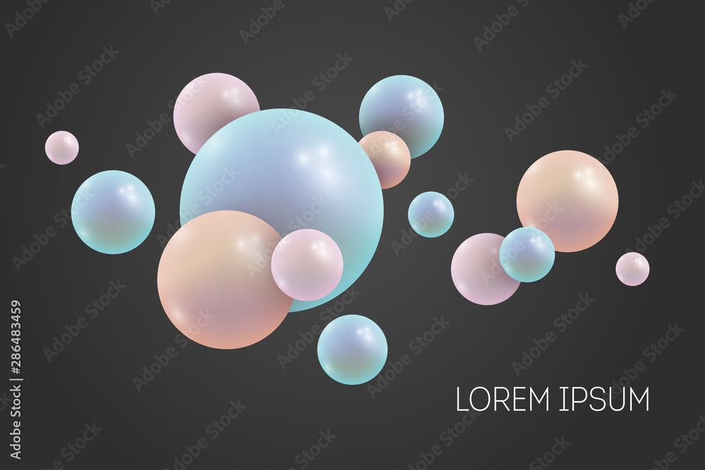 Abstract background with 3d spheres. Flying shining pearls on dark background.