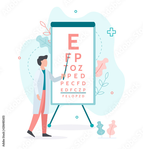 Male doctor standing near eye test chart. Medicine ophthalmology flat concept. Vector illustration.