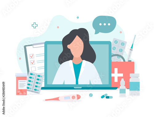 Online doctor concept. Expert advice via your computer. Flat vector illustration.