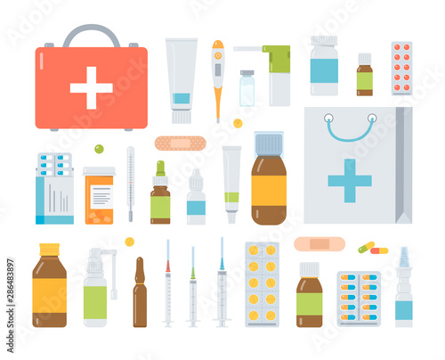 Big set of drugs  medical bottles  tablets  capsules  sprays  ointments  injections  thermometers. Pharmacy  medicine and healthcare concept isolated on white background. Flat vector illustration.