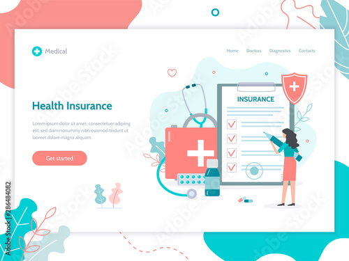 Web page design template. Health insurance concept. Flat vector illustration.