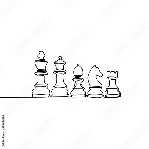 Continuous one line drawing of chess pieces minimalist design isolated on white background. Group of players tactic concept.