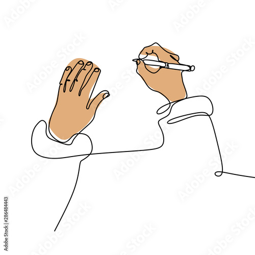 Continuous line drawing of hand writing with a pen on paper vector illustration hand drawn minimalism