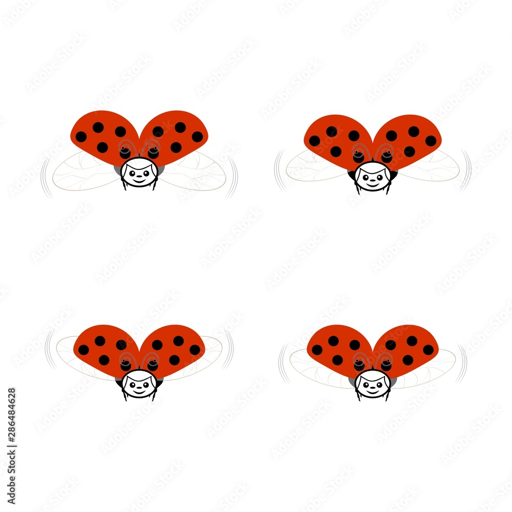 Fototapeta premium Ladybird card. Illustration ladybug fly. Cute colorful sign red insect symbol spring, summer, garden. Template for t shirt, apparel, card, poster, etc. Design element Vector illustration.