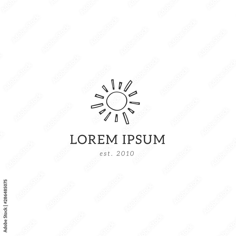 Fototapeta premium Minimal vector premade logo template. Hand drawn icon, a sun.