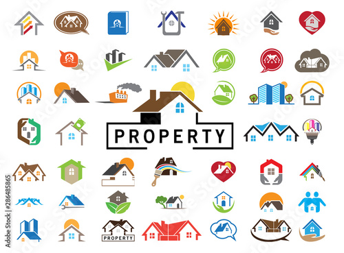 House set 46 icons logo design illustration on white background, multi houses symbol