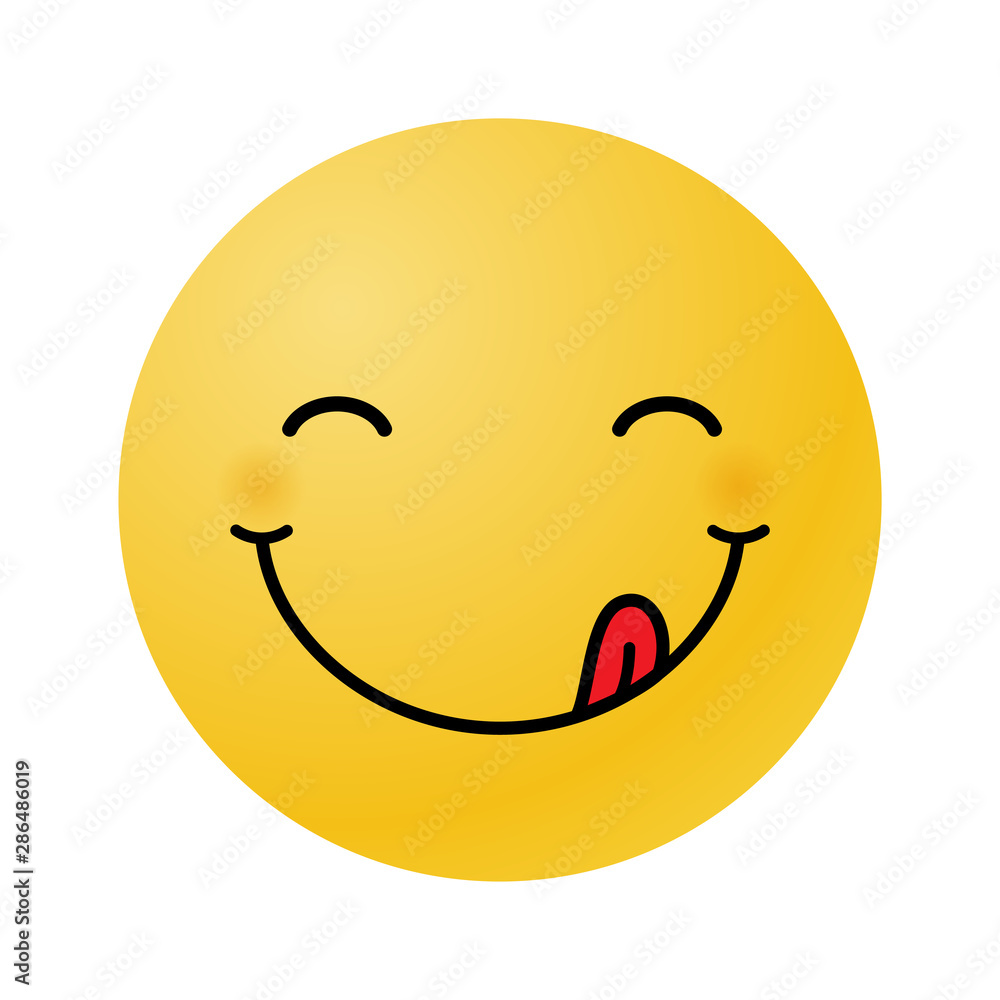 Yummy emoticon with happy smile and tongue. Delicious tasty eating emoji face Yummy emoticon with happy smile and tongue. Delicious tasty eating emoji face
