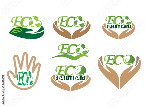 Eco solution ecological icons set logo design illustration on white background with hands symbol