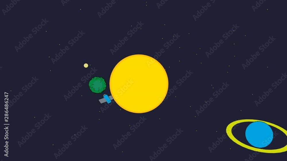 Bright planets are on orbits in space, cartoon style backdrop, modern abstract background. Rocket ship flying through space animation. Bright planets are on orbits in space, cartoon style backdrop, modern abstract background. Rocket ship flying through space animation.