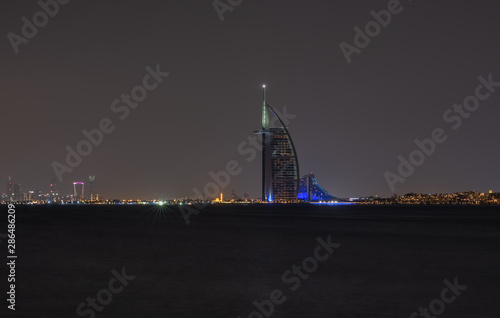 DUBAI - may 2019: Burj Al Arab the luxury seven star Dubai hotel at night. UAE.