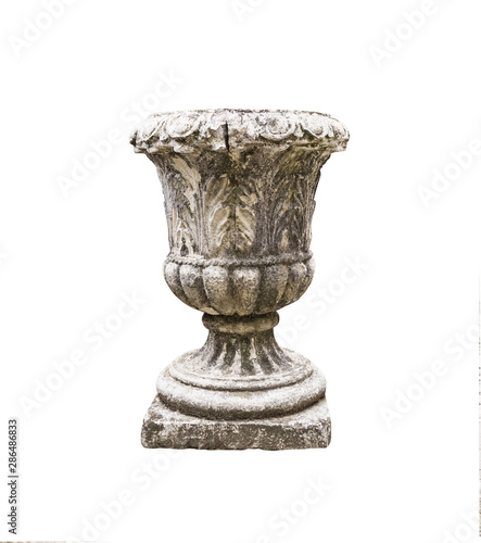 Antique stone vase for flowers isolated on white background. Decorative design element for gardens