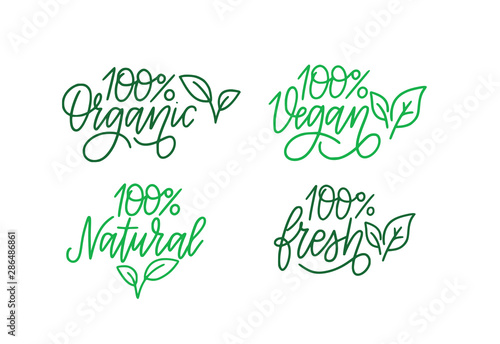 100 per cent green labels set. Organic, vegan, natural, fresh