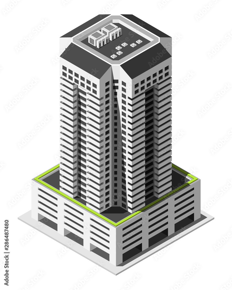 Isometric tall building vector illustration isolated on white background.