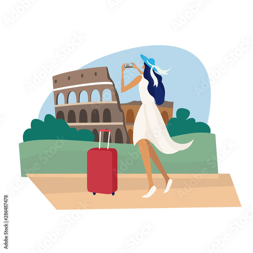 Girl with a suitcase and walking on the background of an abstract landscape of antique coliseum