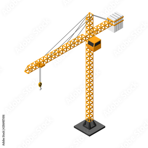 Isometric yellow tower crane vector icon isolated on white background.