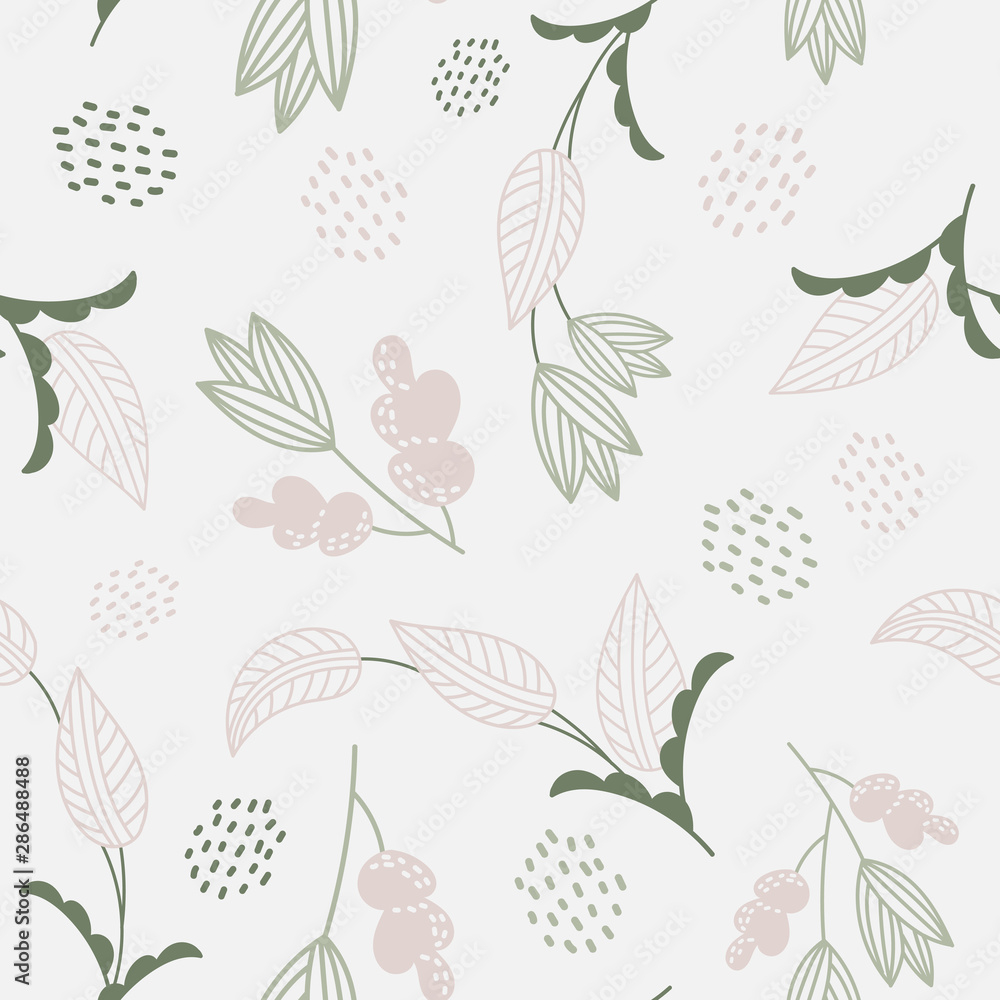 Seamless botanical pattern. Hand drawn leaves in red tones. Delicate flowers on the branches. Purple flowers on a white background.